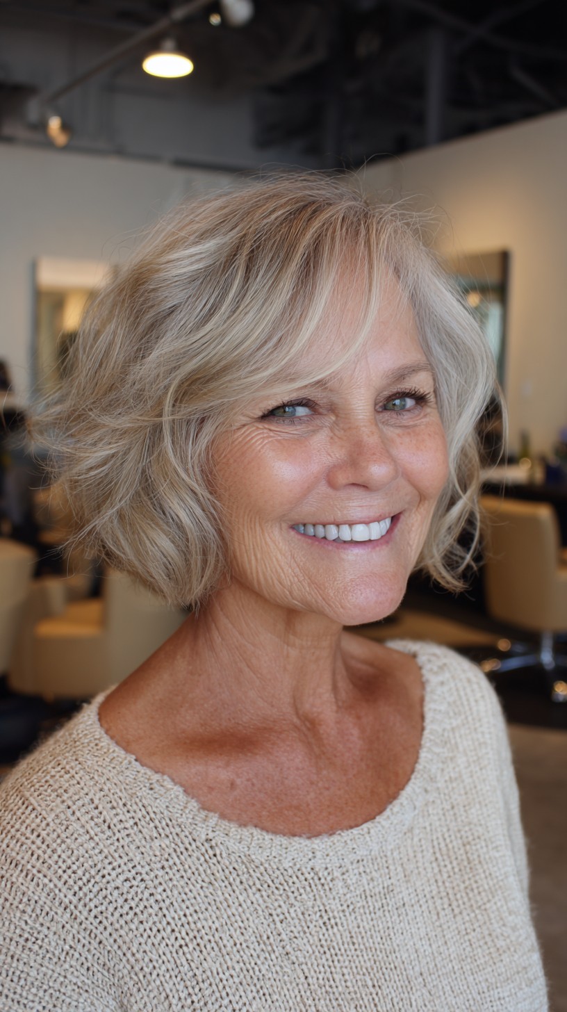 Soft Textured Silver-Blonde Short Bob with Side-Swept Fringe