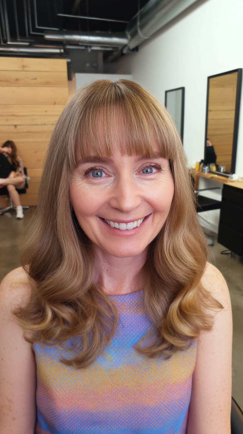 Soft Warm-Blonde Mid-Length Layers with See-Through Blunt Fringe
