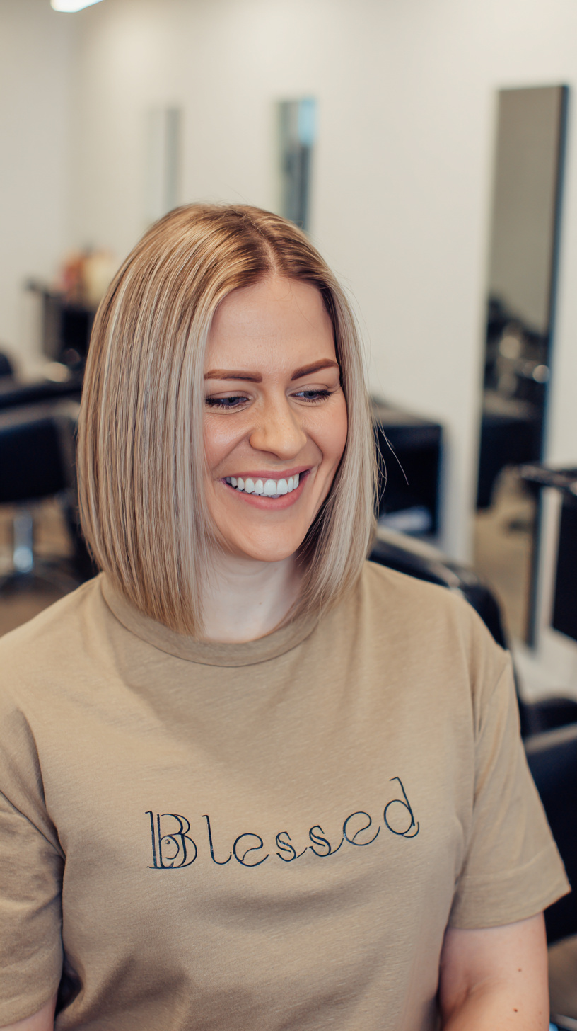 Straight Angled Blonde Lob with Subtle Root Shadow