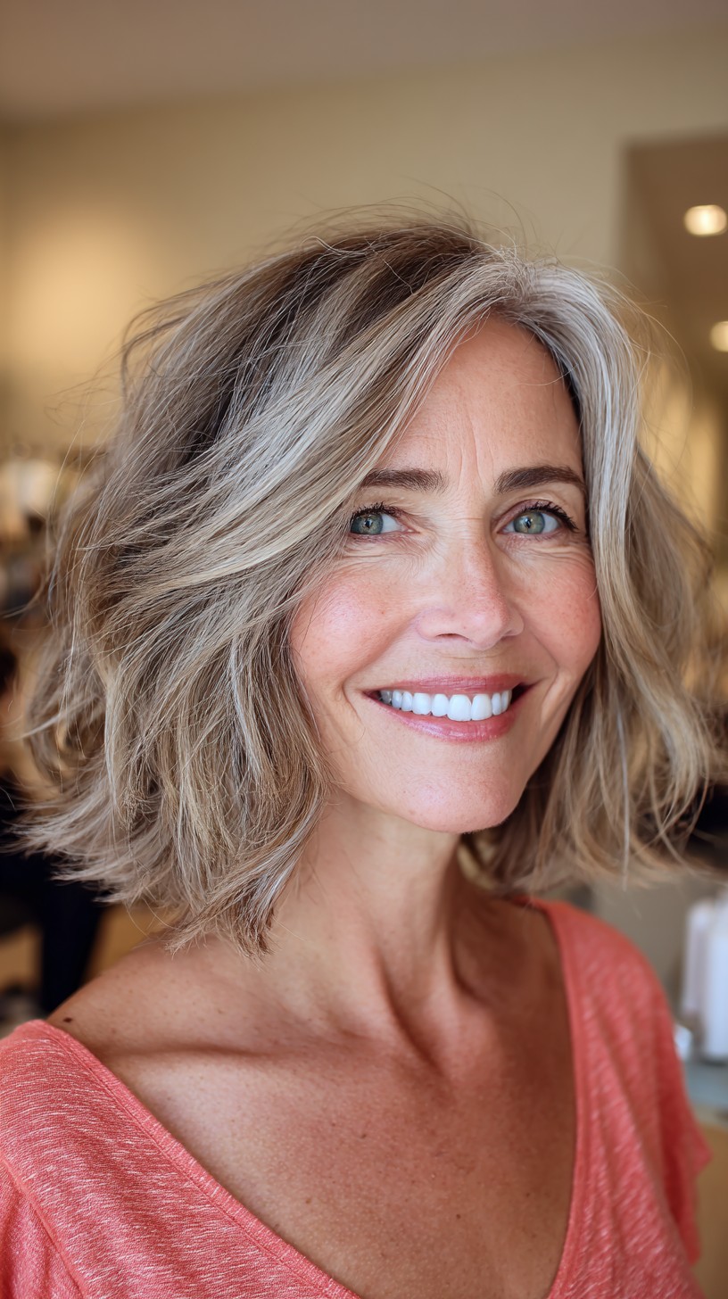 Textured Root-Melt Shoulder-Length Lob with Face-Framing Silver Ribbon