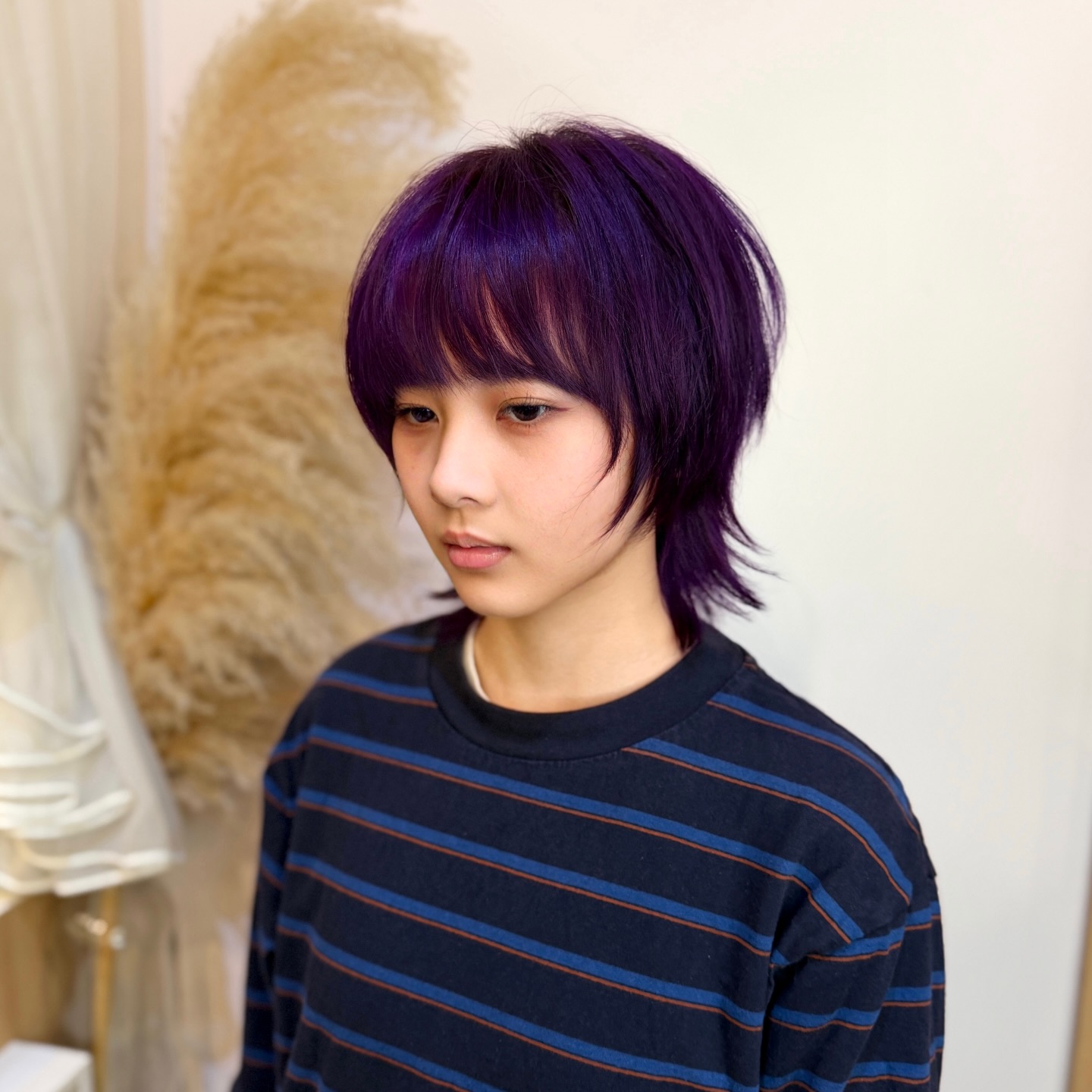 Vivid Violet Layered Shag Bob with Feathered Micro-Bangs