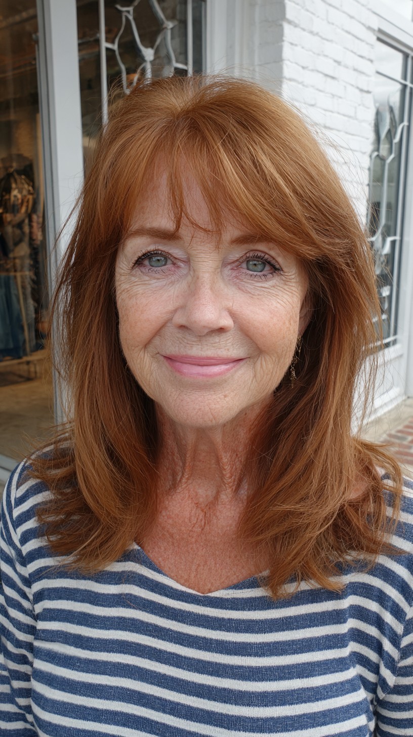 Warm Auburn Shoulder-Length Layers with Airy Fringe