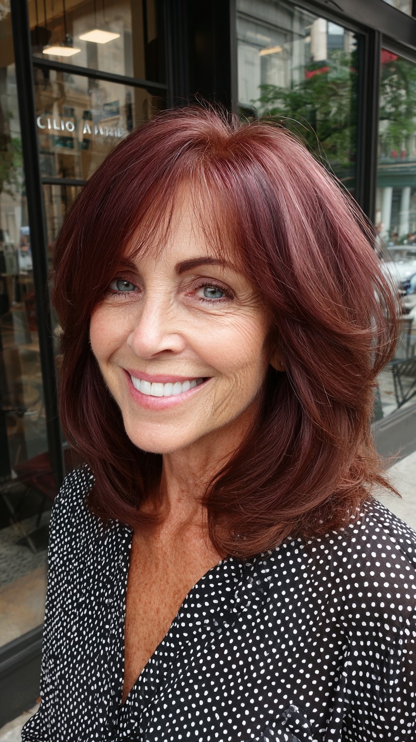 Warm Burgundy Layered Mid-Length Shag with Face-Framing Fringe