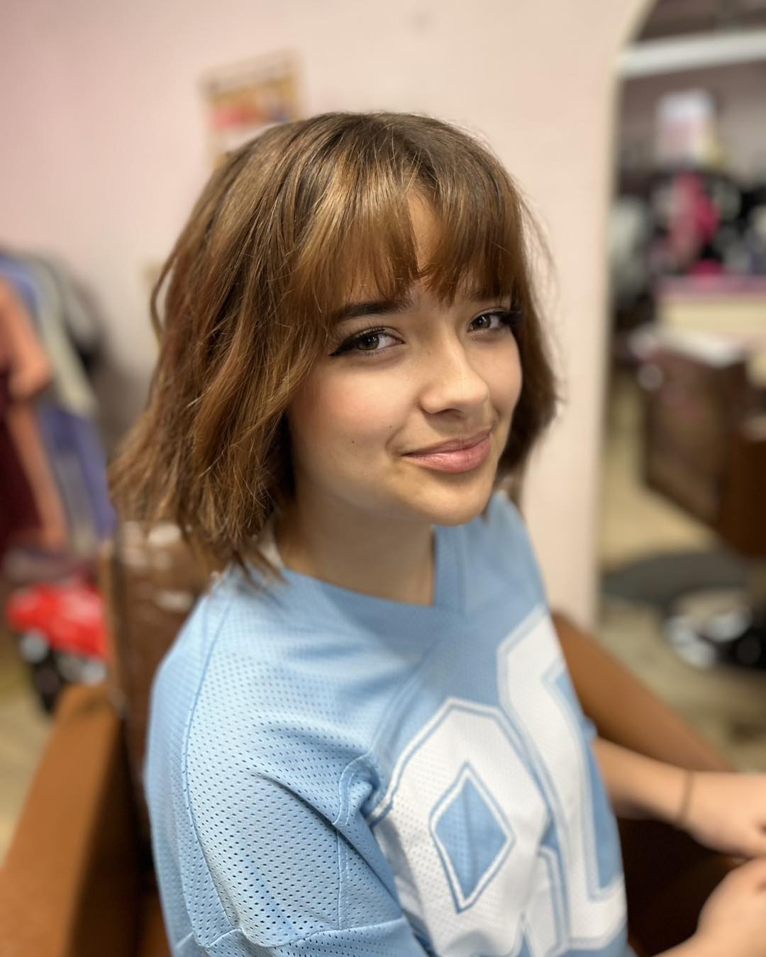 Warm Chestnut Jaw-Length Bob with Blunt Curtain Fringe