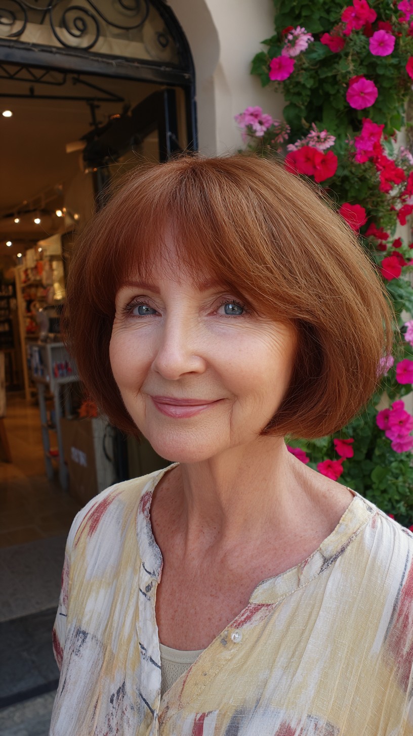 Warm Rounded Chin-Length Bob with Soft Brow-Length Fringe
