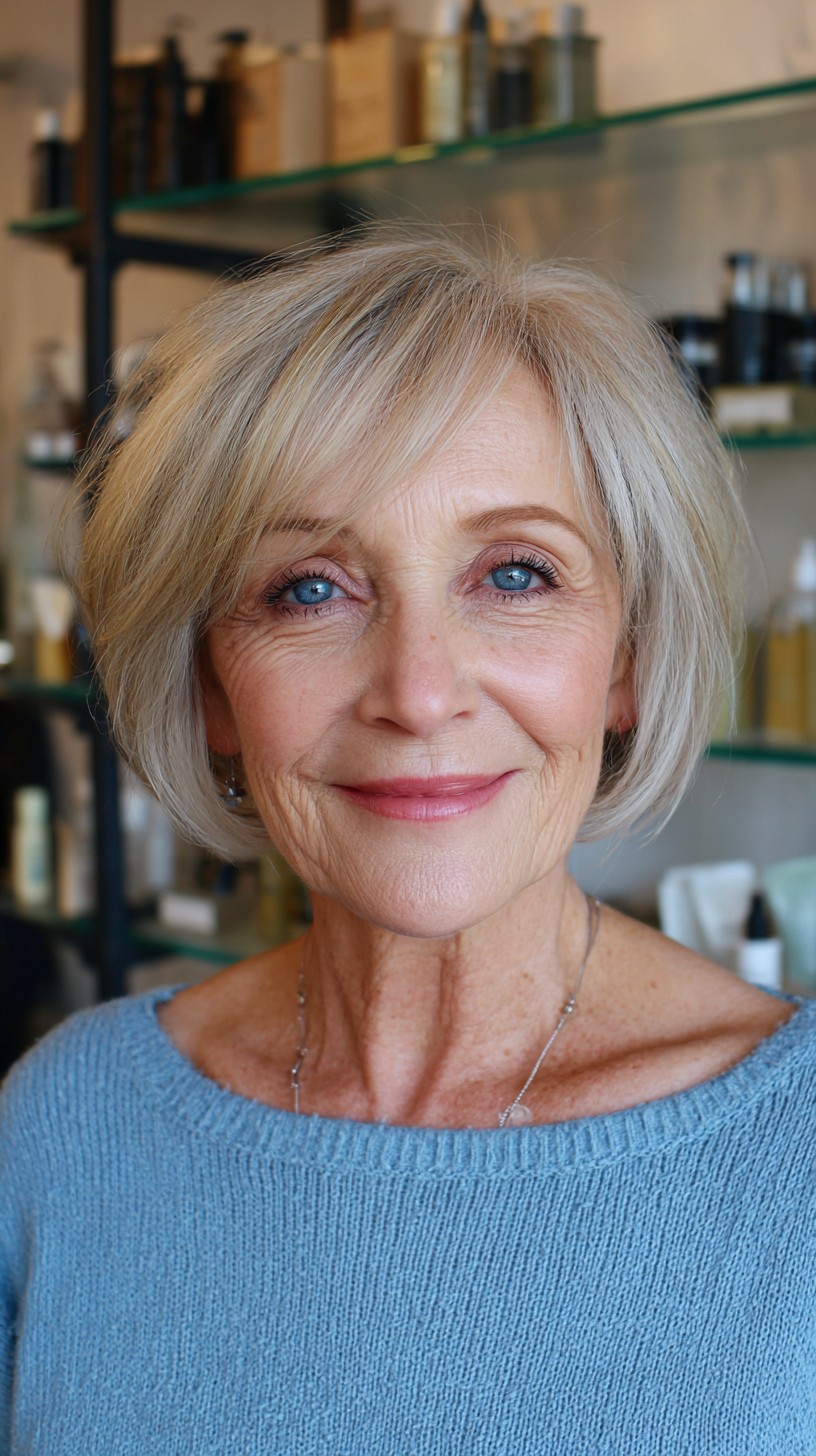 Warm-Silver Rounded Chin-Length Bob with Airy Side Fringe