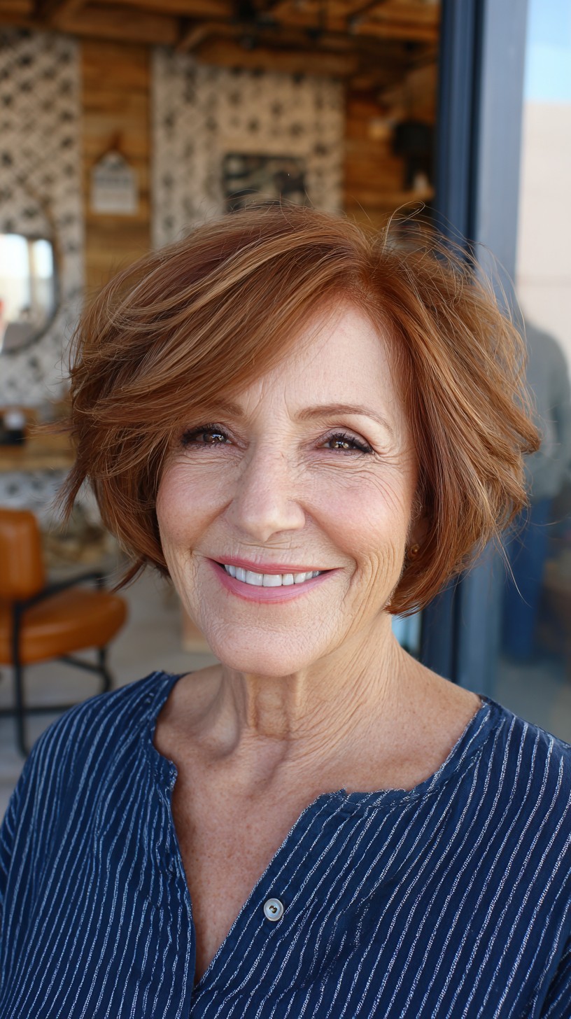 Airy Copper Stacked Bob with Side-Swept Face-Framing Layers