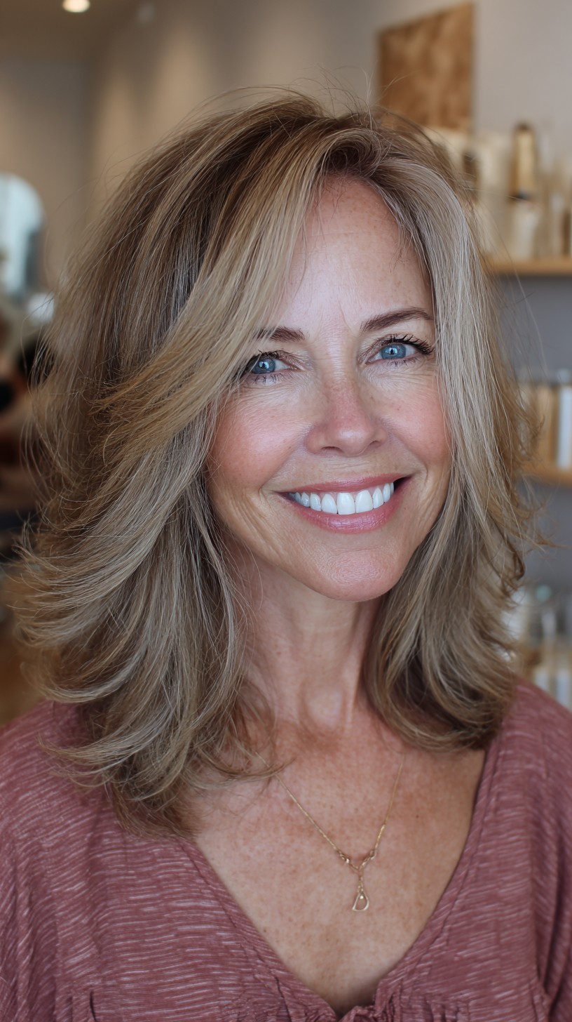 Ash-Blonde Shoulder-Length Layers with Interior Graduation and Feathered Face-Framing