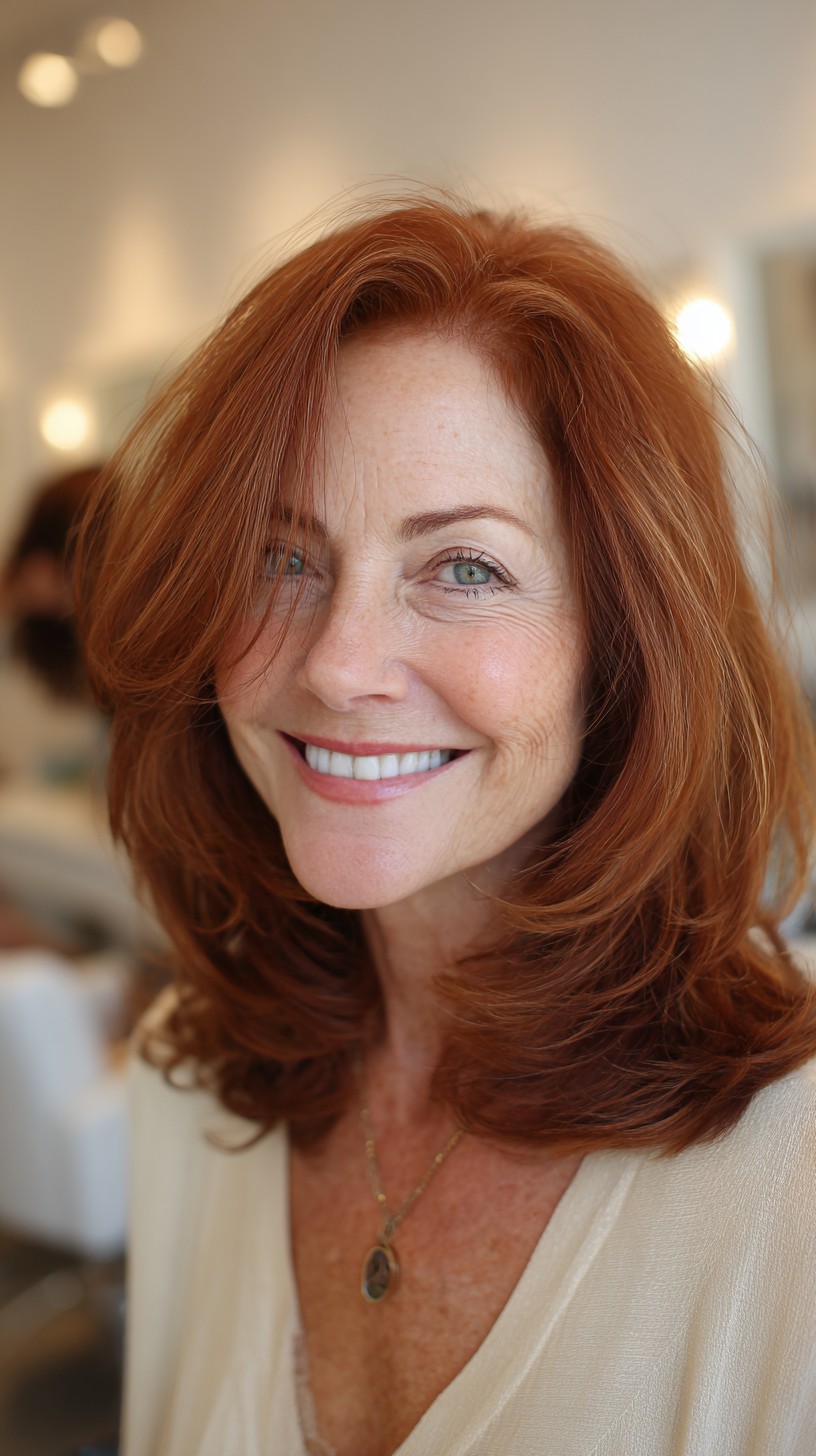 Auburn Shoulder-Grazing Layered Lob with Face-Framing Feathered Curtain