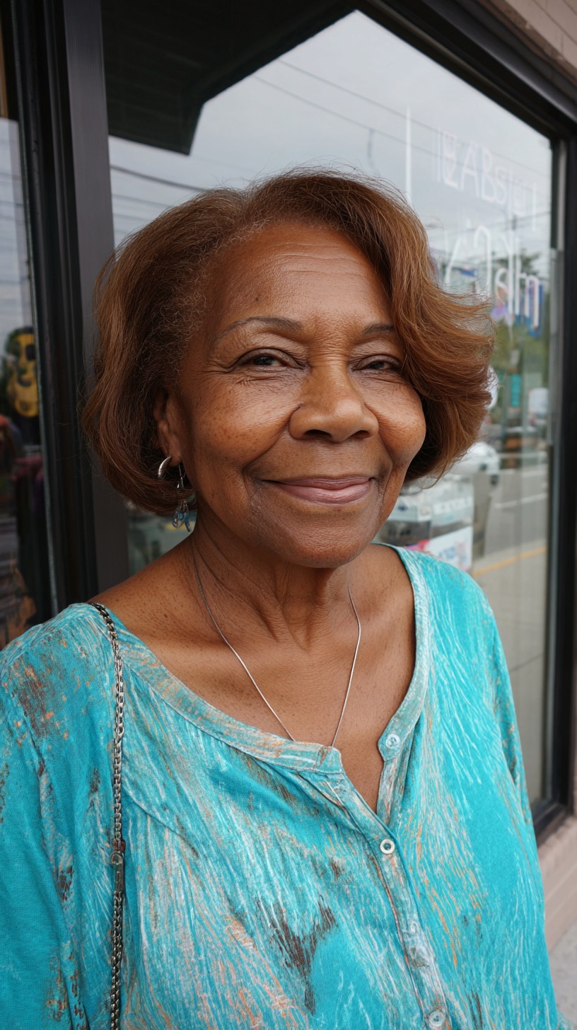 Auburn Side-Swept Short Layered Bob with Subtle Gray Blend