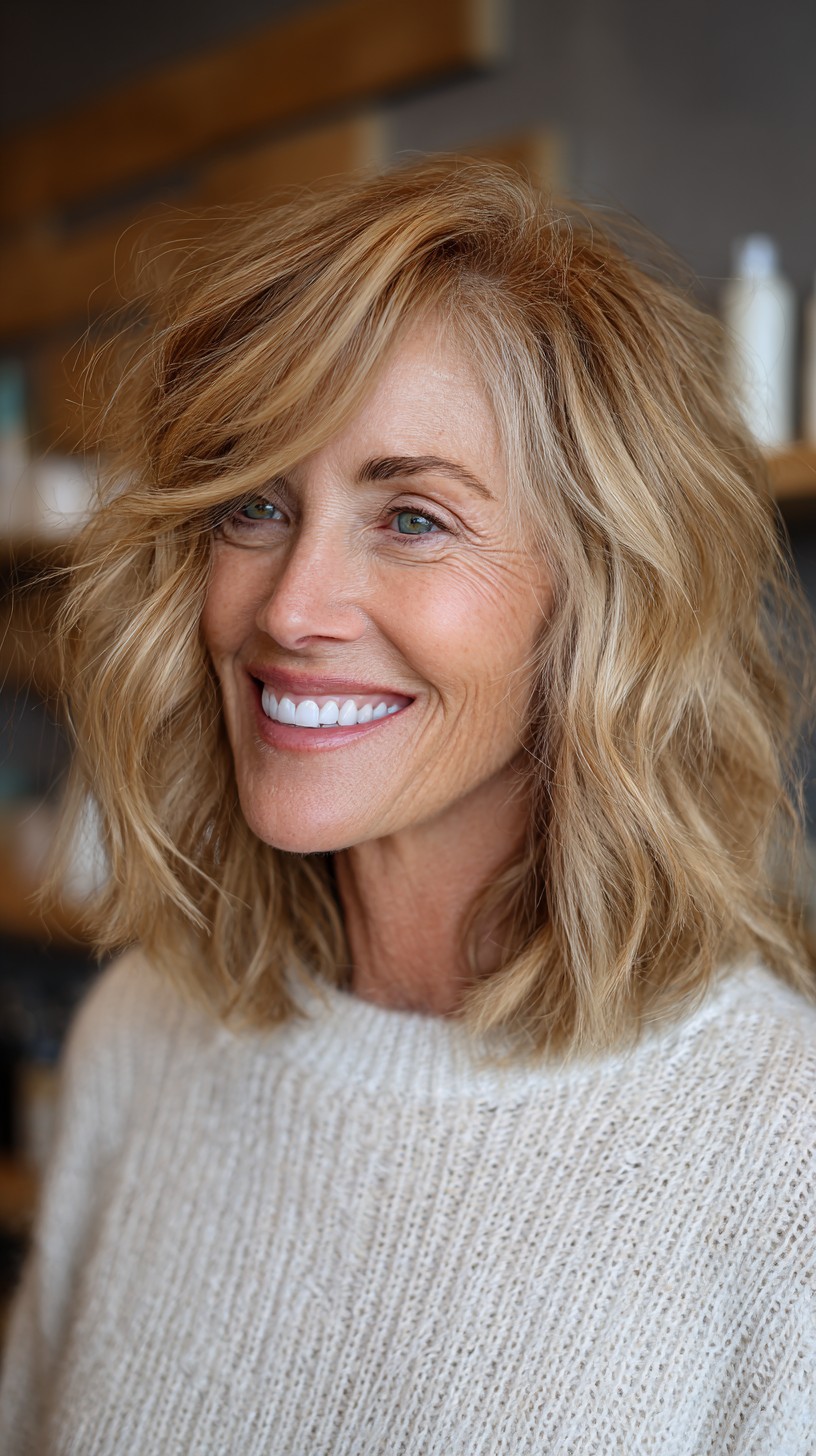 Beachy Blonde Shoulder-Length Layered Lob with Side-Swept Fringe