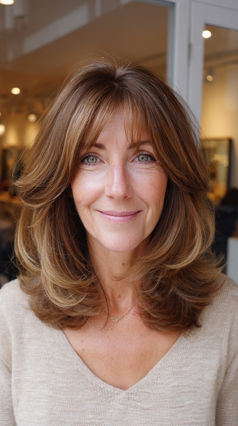 Blown-Out Shoulder-Length Layers with Curtain Fringe and Outward Flip