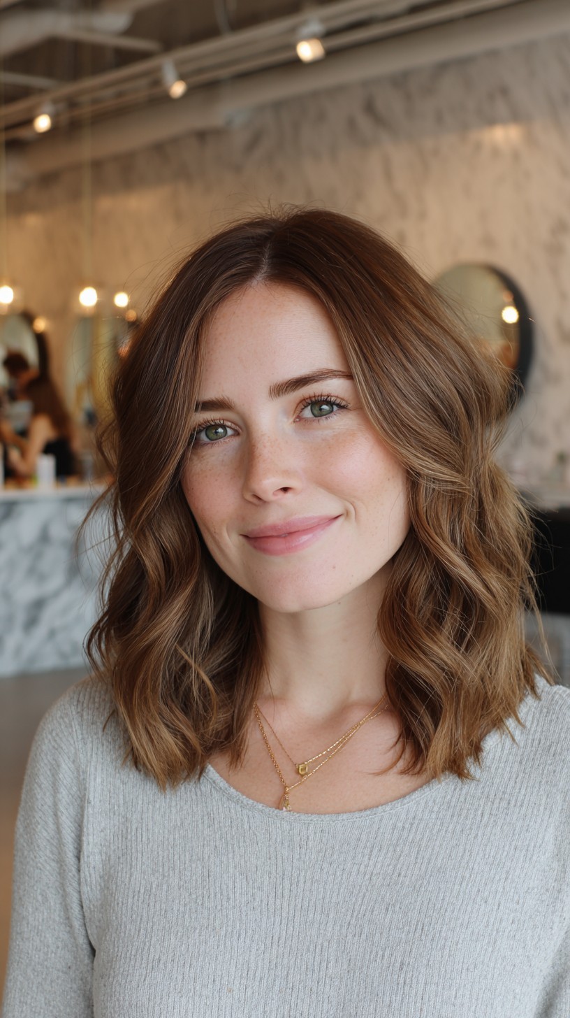 Brunette Mid-Length Wavy Lob with Soft Face-Framing and Root Depth