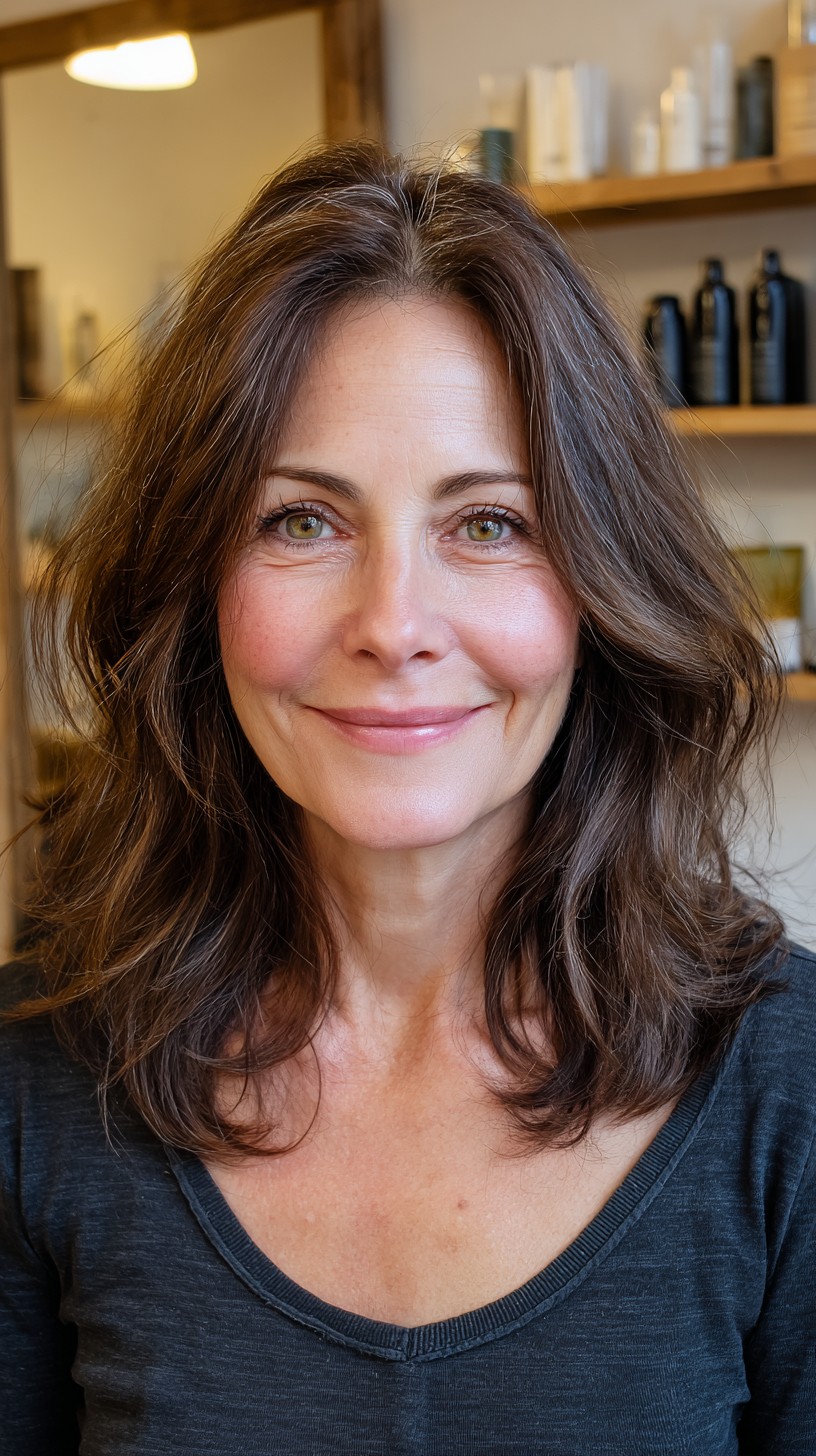 Brunette Shoulder-Grazing Lob with Soft Face-Framing and Silver Part Streaks