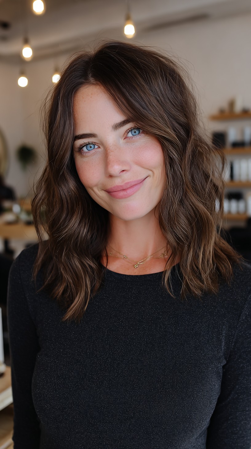 Brunette Textured Shoulder-Length Lob with Soft Face-Framing
