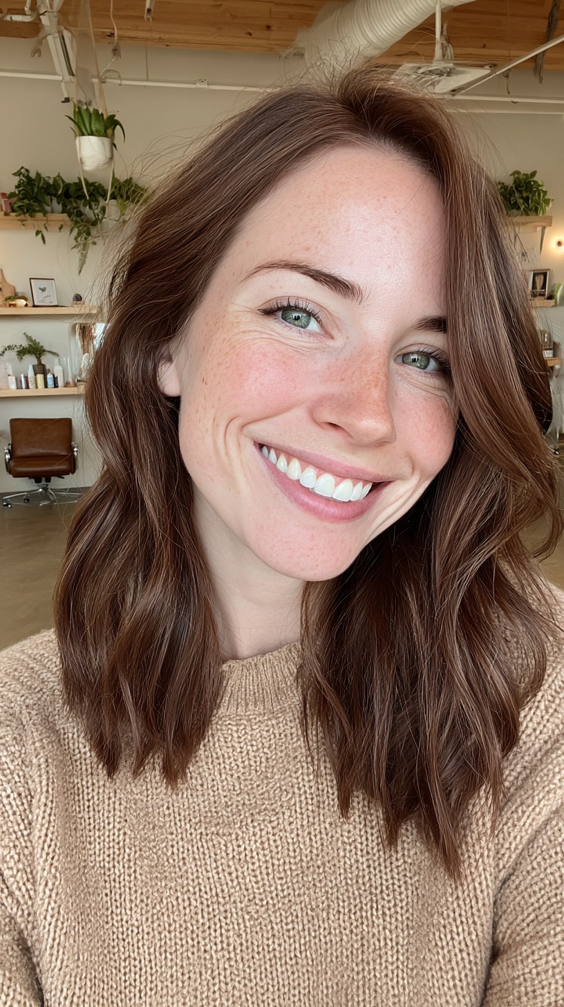 Brushed Side-Parted Brunette Lob with Subtle Internal Weight Line