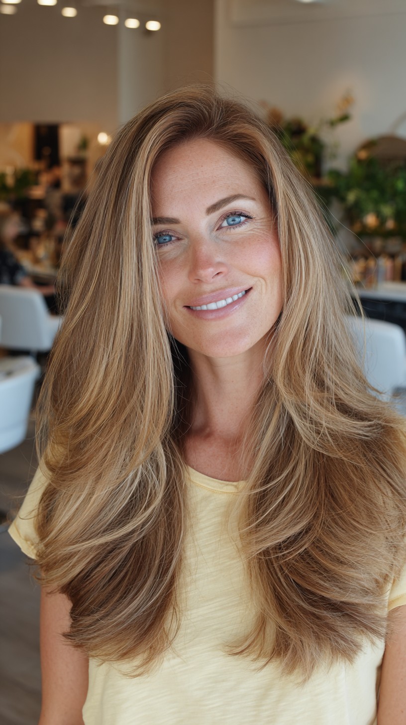 Buttery Beige Long Layers with Subtle Root Shadow