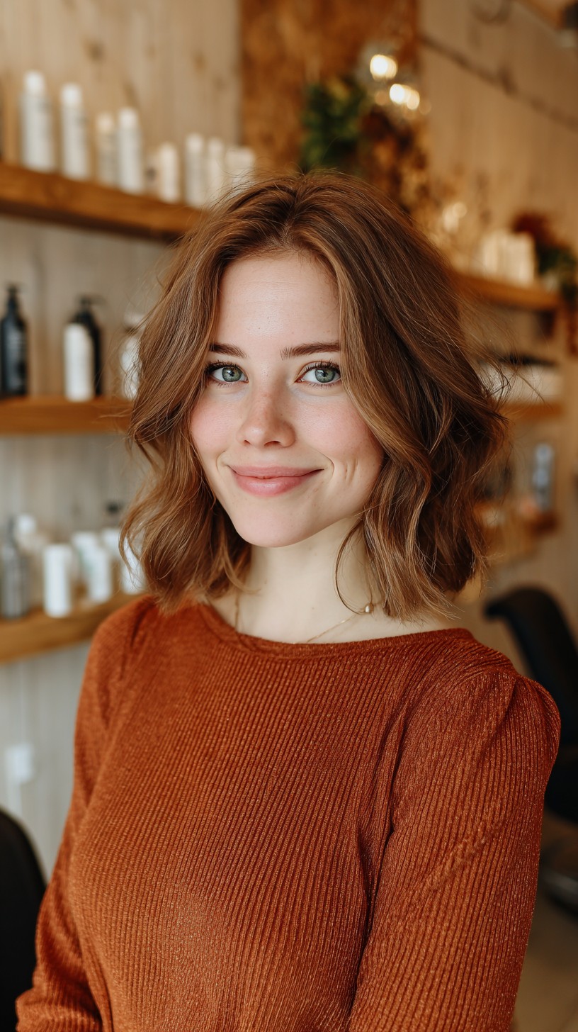Caramel-Toned Mid-Length Lob with Wispy Diagonal Face-Framing Slices