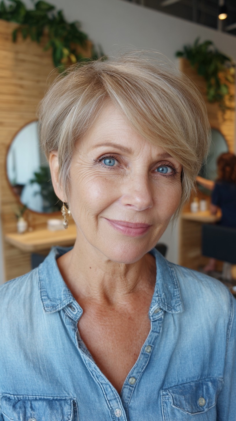 Champagne Blonde Short Pixie with Side-Swept Fringe and Crown Lift
