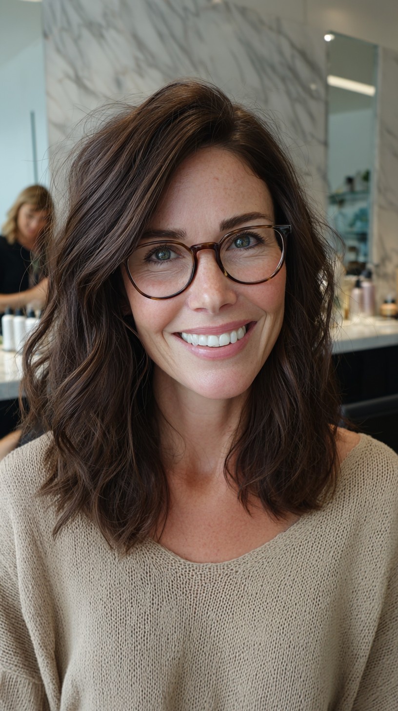 Chestnut Collarbone Lob with Cheek-Framing Layers and Subtle Root Shadow