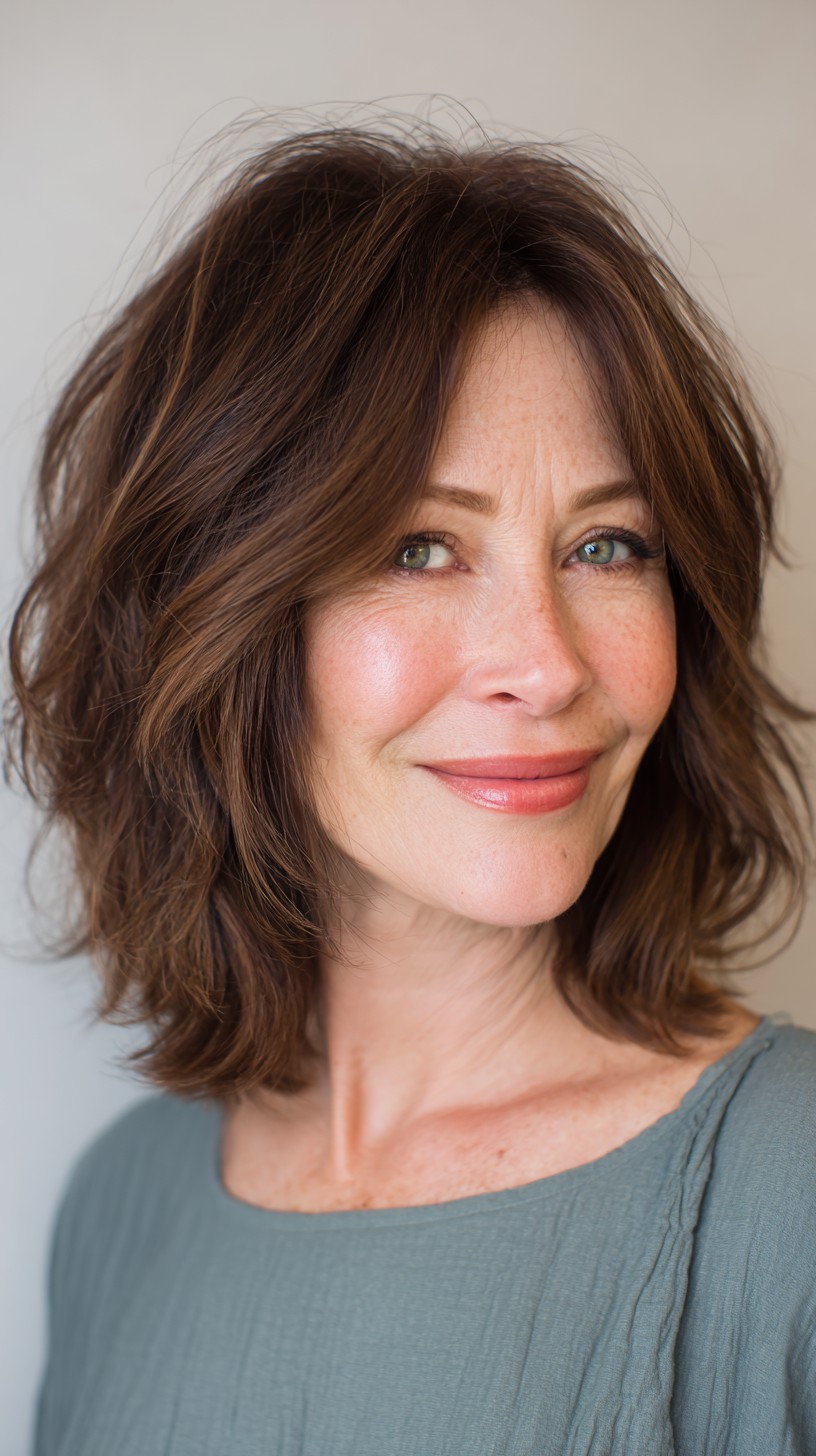 Chestnut Mid-Length Layered Shag with Soft Curtain Layers
