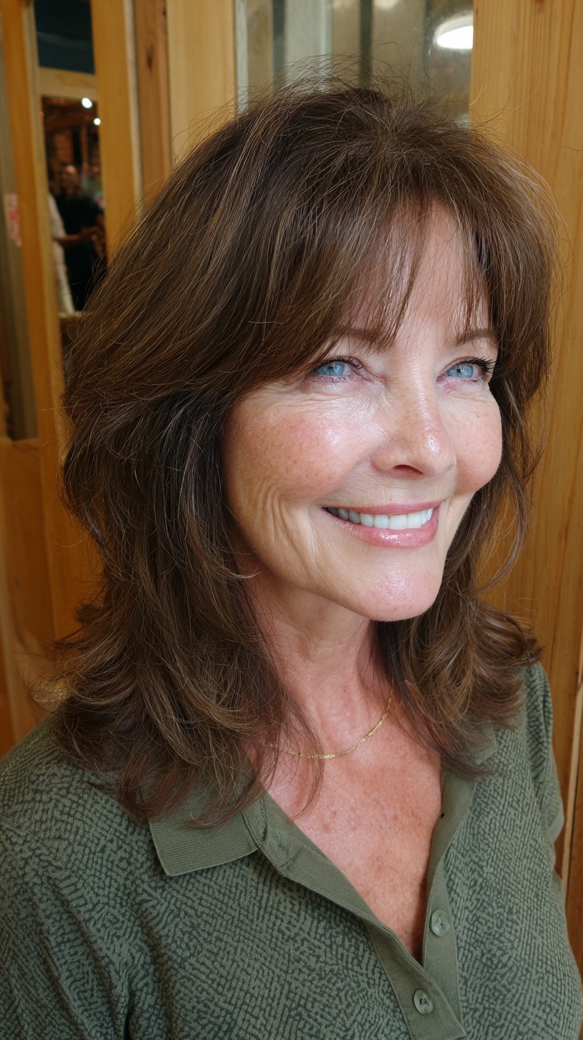 Chestnut Mid-Length Shag with Feathered Face-Framing Layers and Airy Micro-Bangs
