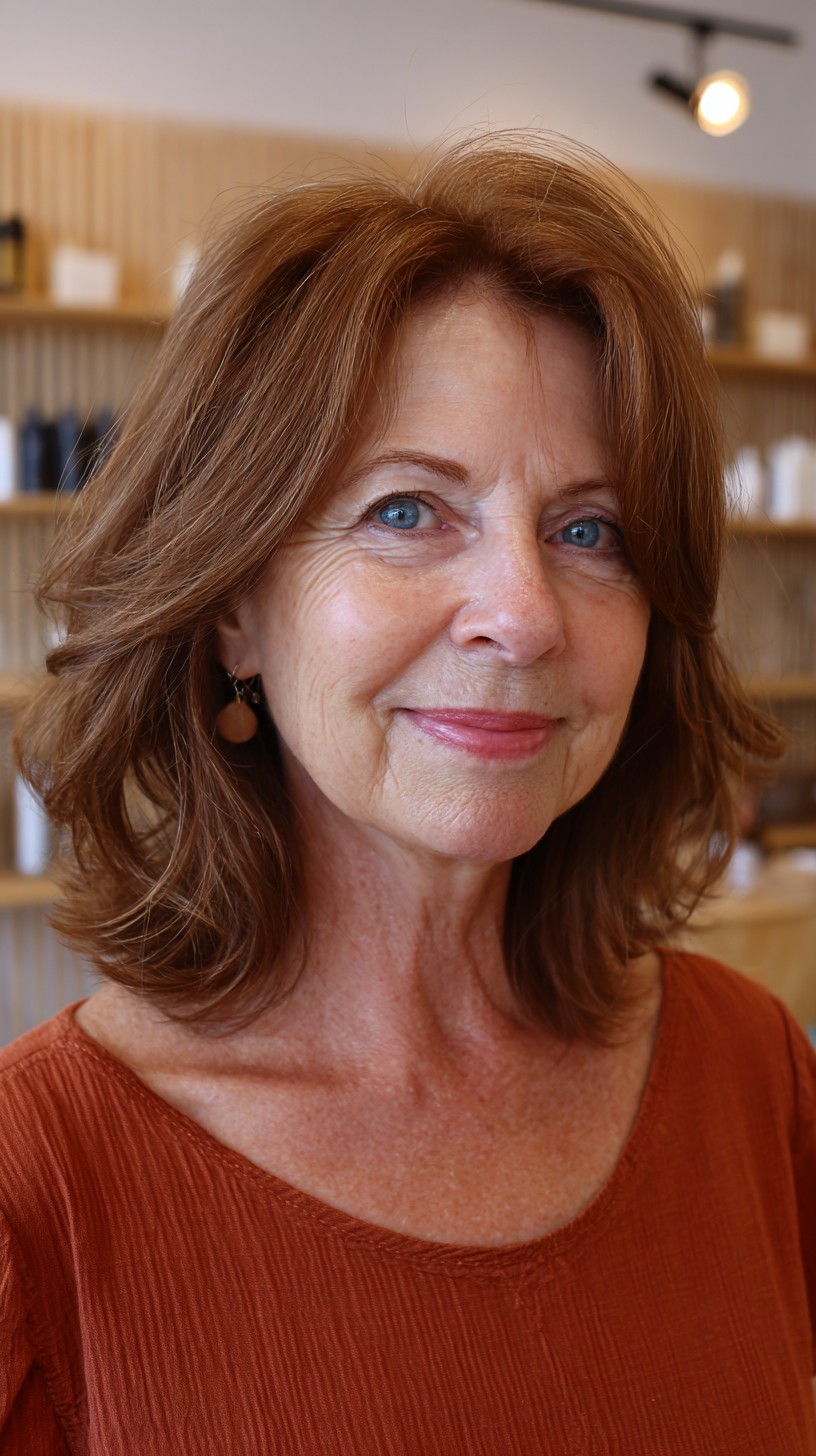 Chestnut Shoulder-Length Lob with Face-Framing Curtain Layers