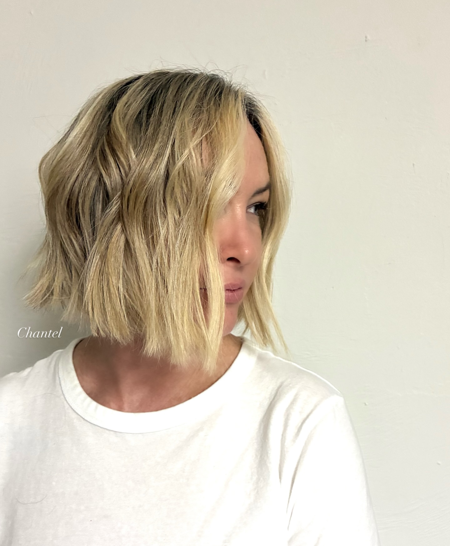 Choppy Angled Chin-Length Bob with Rooted Blonde Dimension