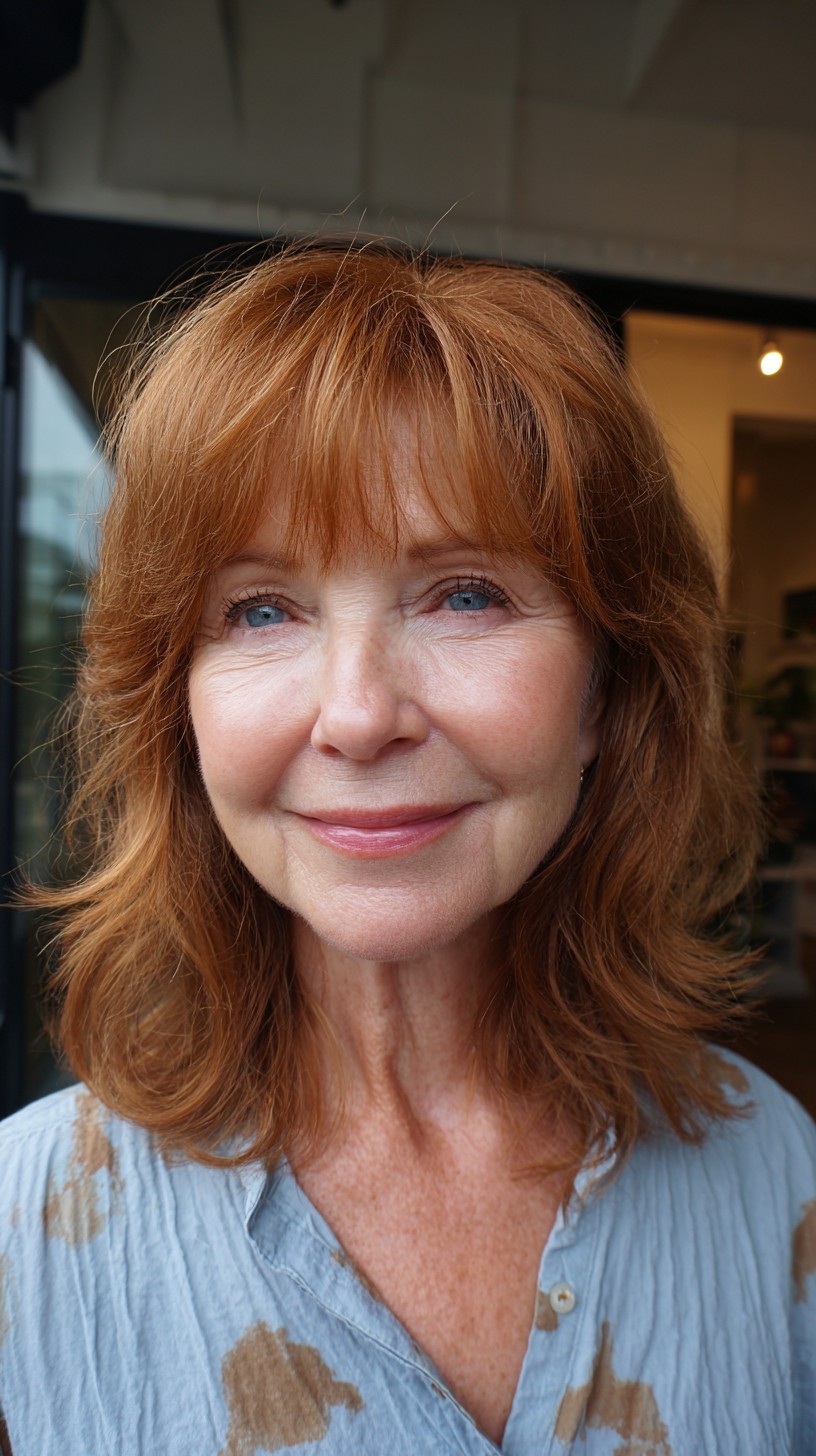 Copper Mid-Length Shag with Micro Bangs and Feathered Face-Framing Layers