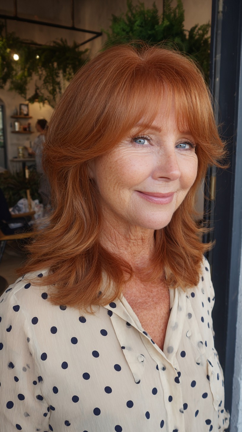 Copper Shoulder-Length Feathered Layers with Soft Curtain Fringe