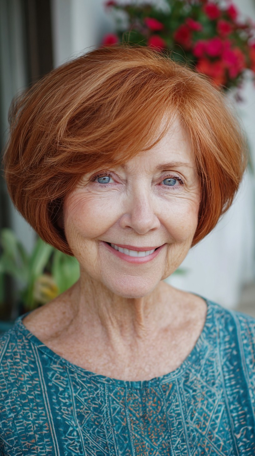 Cushioned Chin-Length Stacked Copper Bob with Feathered Side-Sweep