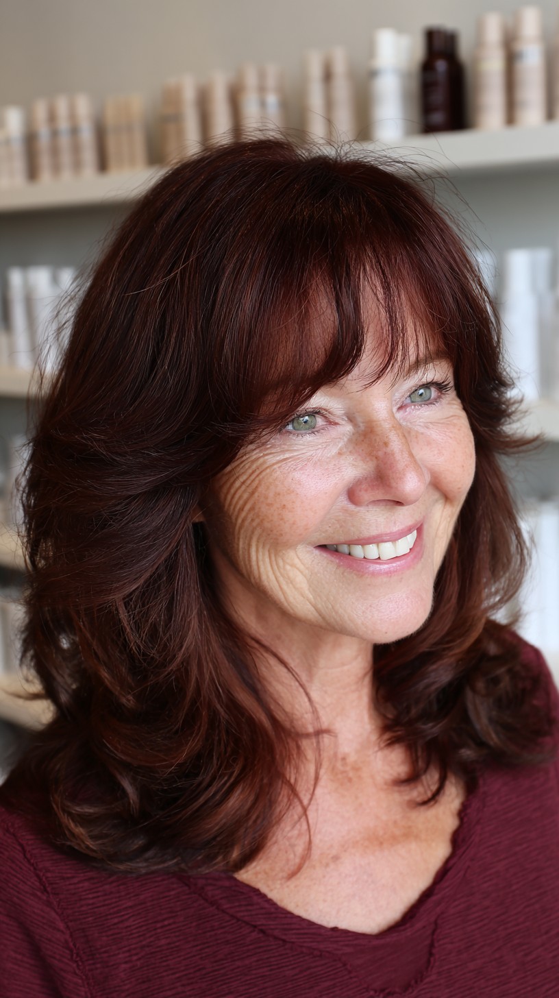 Deep Chestnut Blowout Layers with Rounded Ends and Wispy Fringe