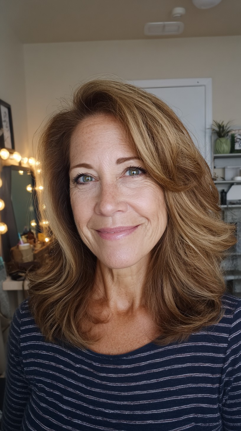Face-Framing Bronde Shoulder-Length Blowout with Root Melt