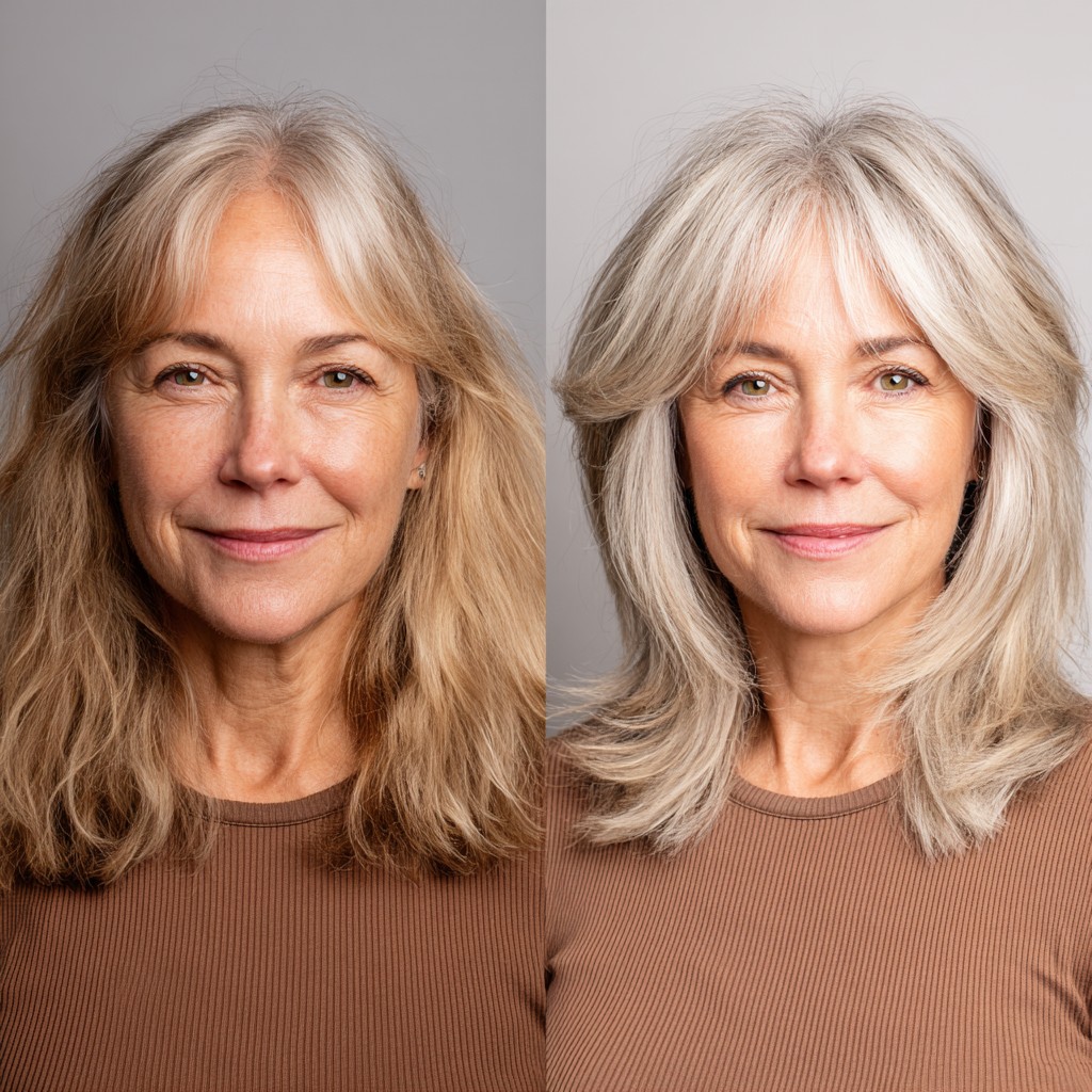 Face-Framing Silver Mid-Length Shag with Rounded Flip and Apex Lift