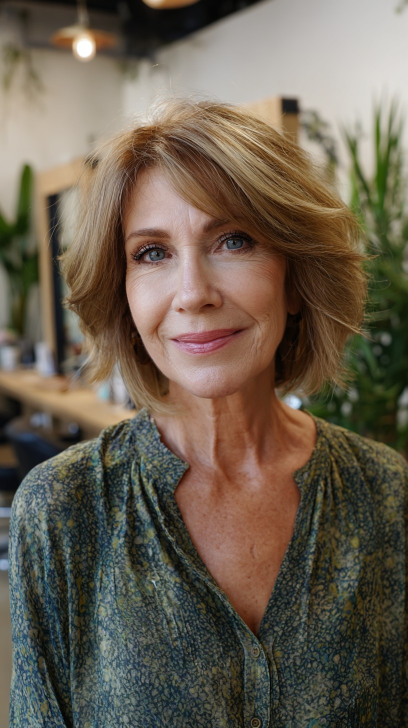 Feathered Chin-Length Layered Cut with Root Shadow and Curtain Fringe