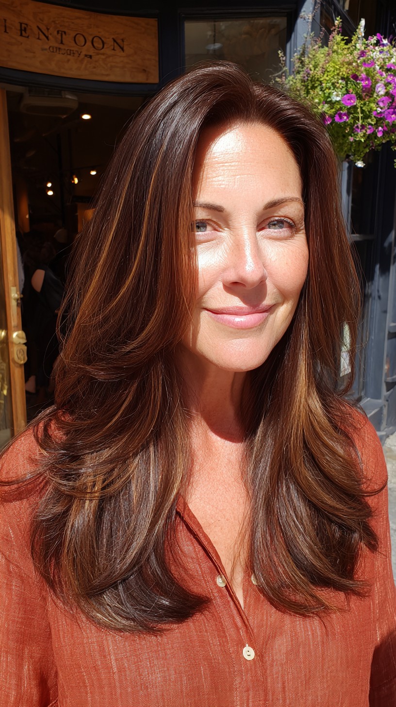 Glossy Chestnut Long Layers with Face‑Framing Babylights