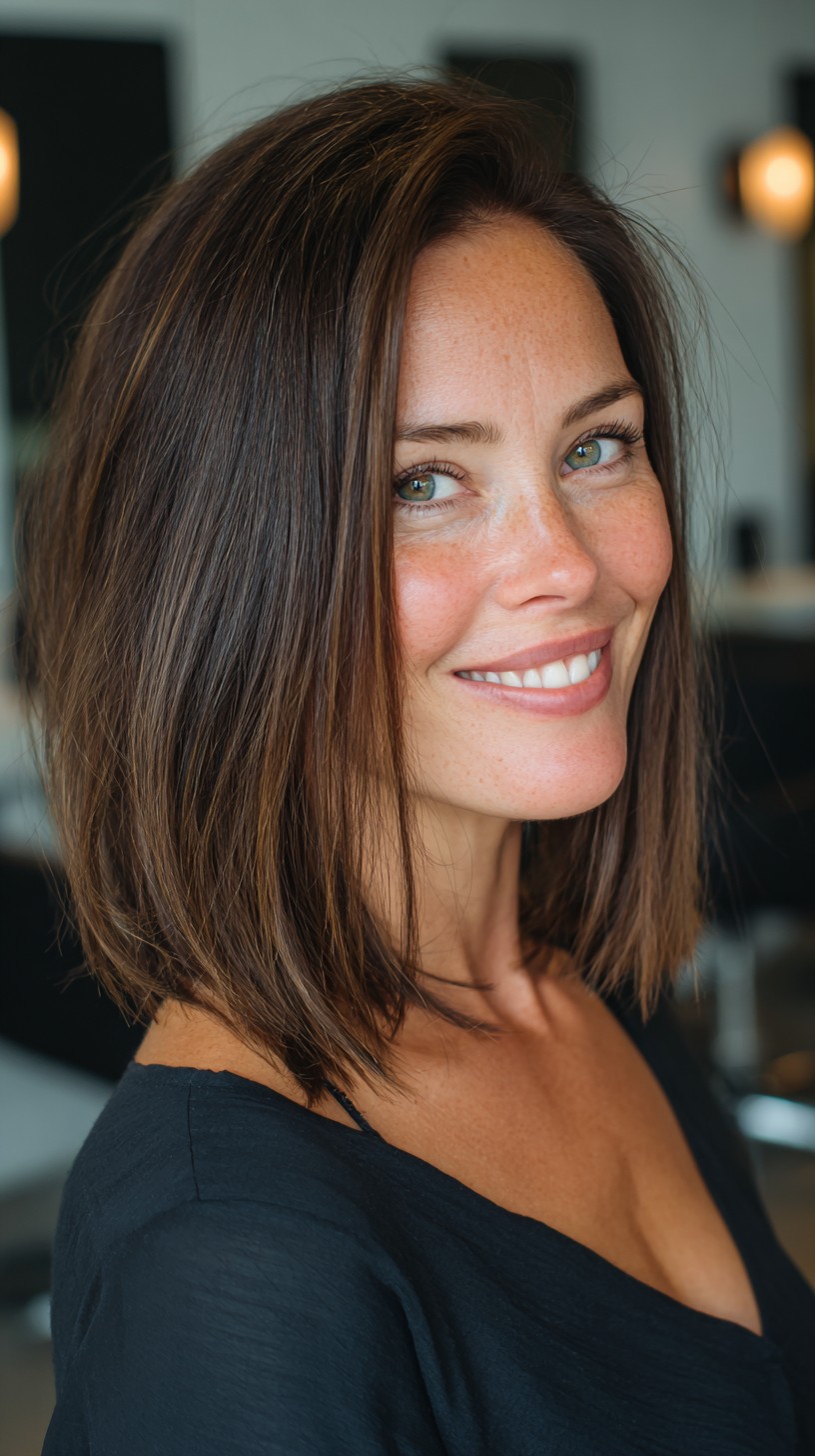 Glossy Mid-Length Brunette Lob with Subtle Face-Framing Micro-Lights