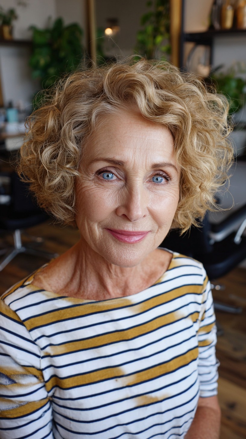 Golden Curly Chin-Length Bob with Lifted Crown and Tapered Nape