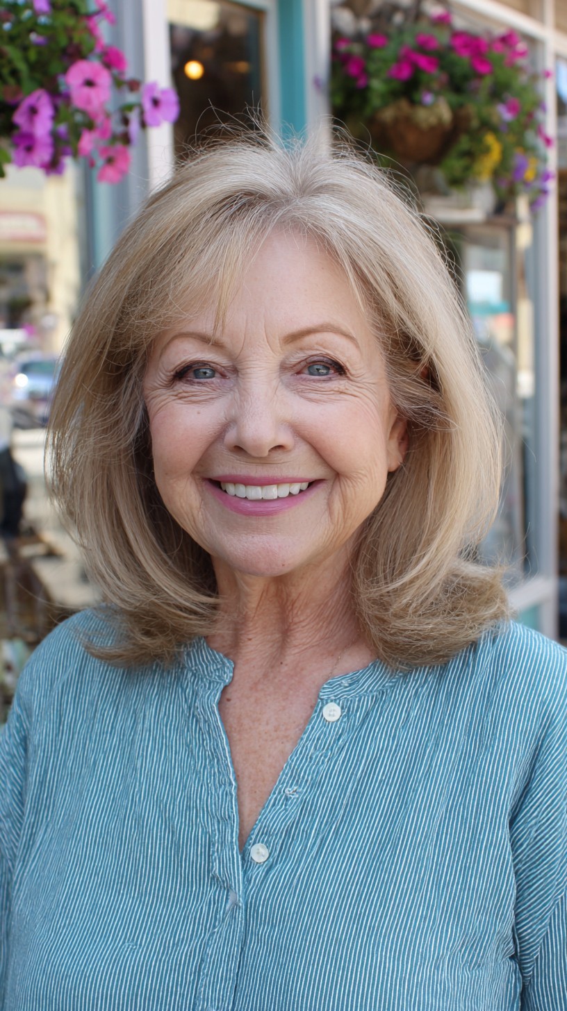 Light Blonde Rounded Shoulder Lob with Subtle Crown Lift and Face-Framing Underlayers