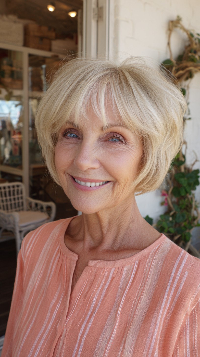 Light Platinum Stacked Bob with Wispy Micro-Bangs and Crown Lift