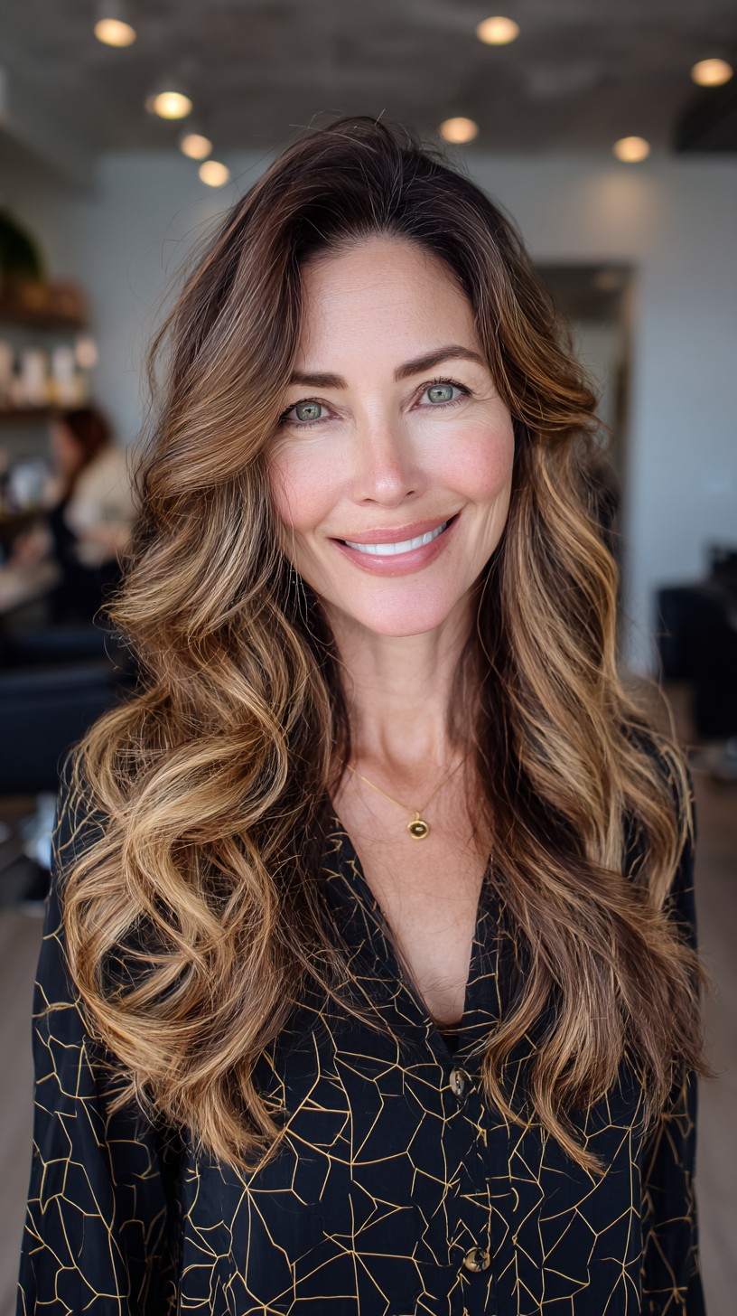 Long Layered Waves with Face-Framing Balayage and Root Shadow