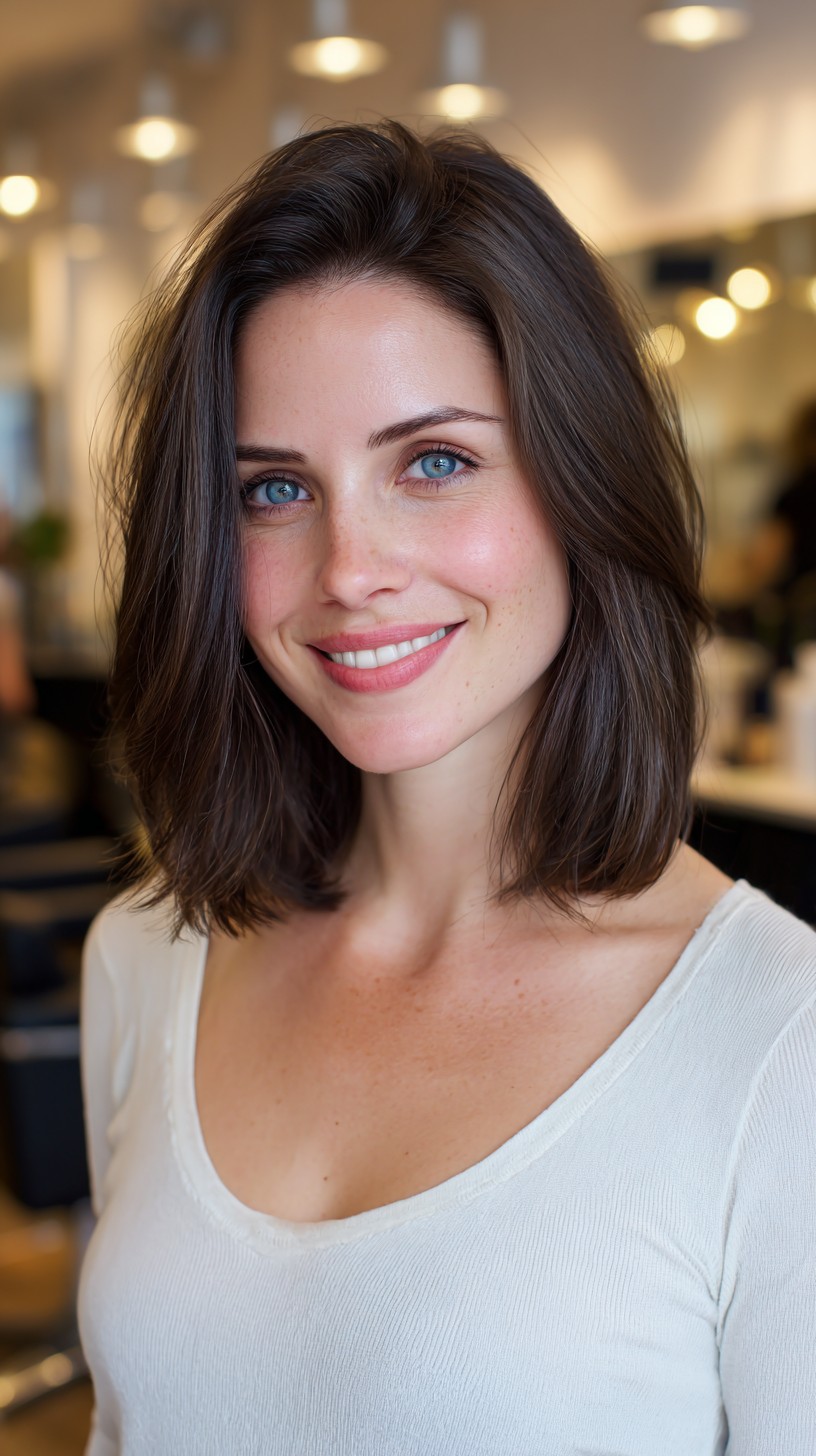 Mid-Length Brushed Brunette Lob with Subtle Crown Lift