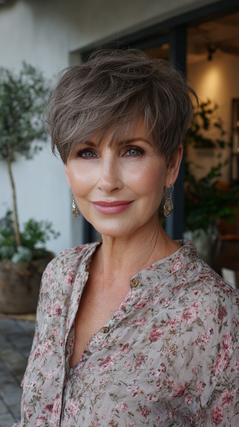 Modern Layered Pixie with Piecey Fringe and Soft Gray Balayage