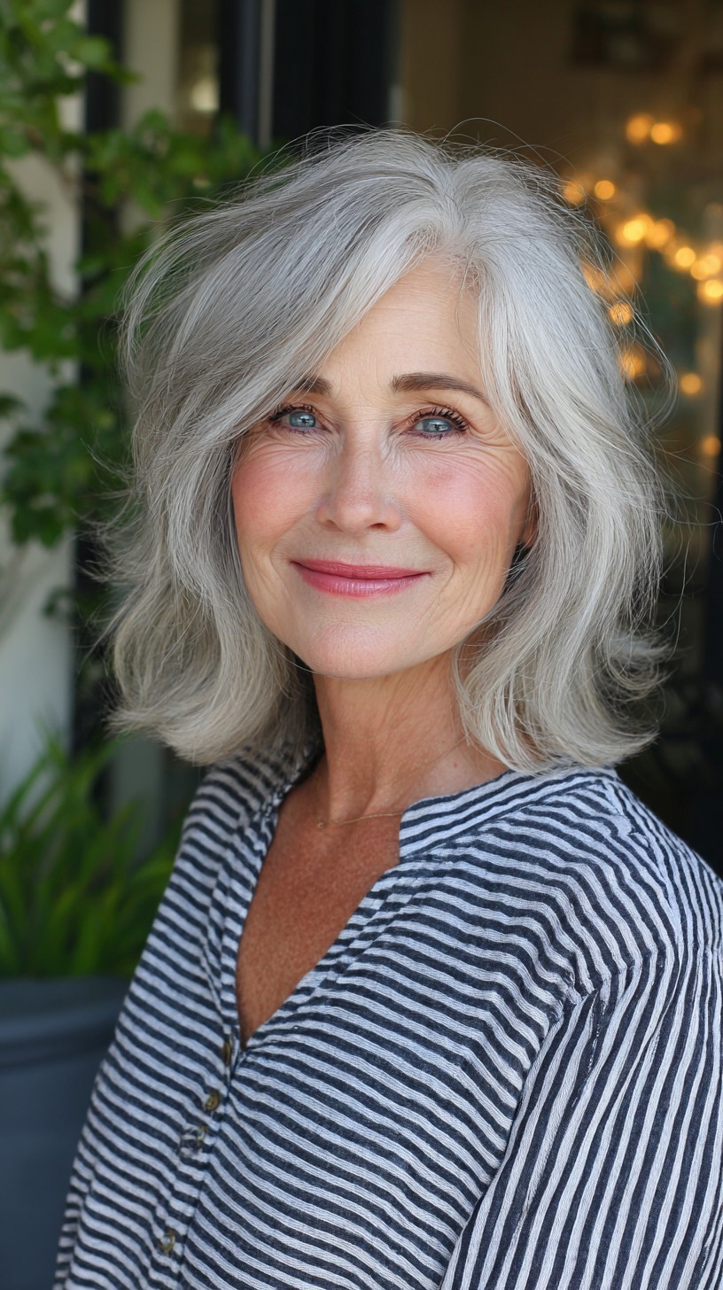 Pearl Silver Shoulder Lob with Side-Swept Layering and Crown Lift