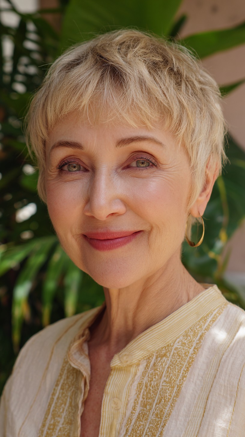 Platinum-Blend Short Pixie with Feathered Micro-Fringe and Soft Crown Lift