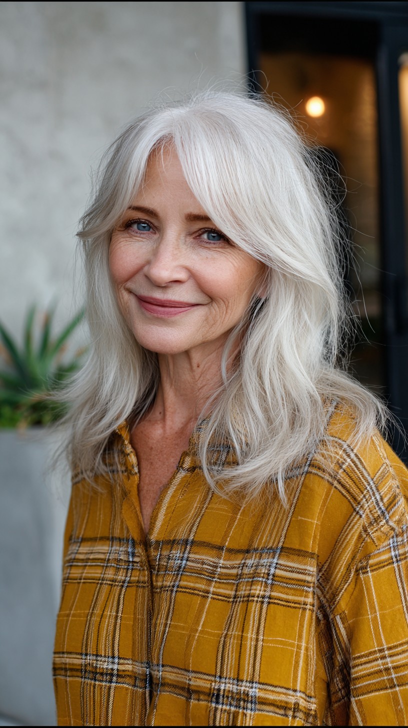 Platinum Curtain-Framed Mid-Length Shag with Subtle Crown Lift