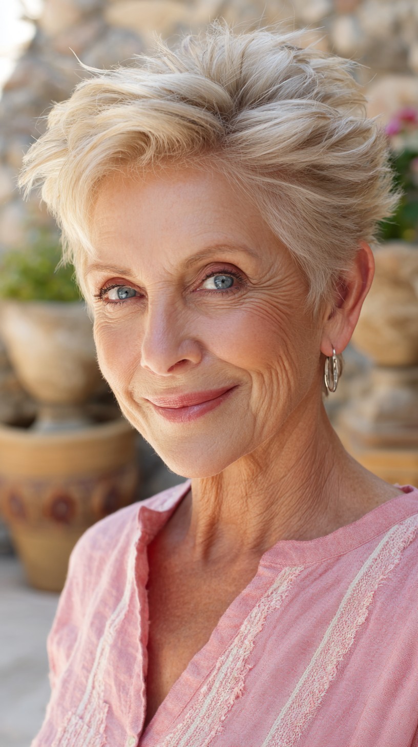 Platinum Feathered Pixie with Crown Lift and Tapered Nape