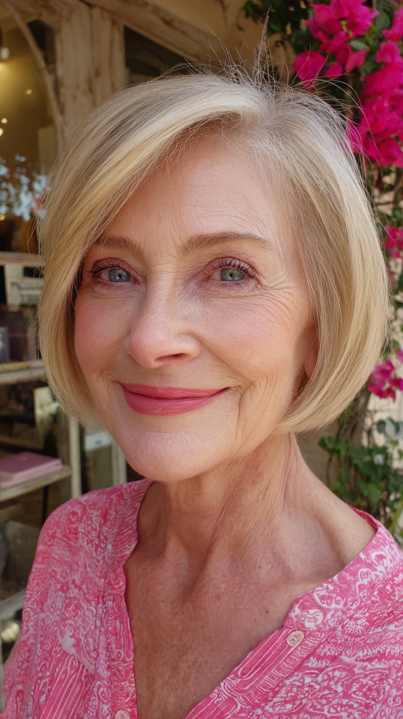 Platinum-Rooted Rounded Chin-Length Bob with Face-Framing Sweep