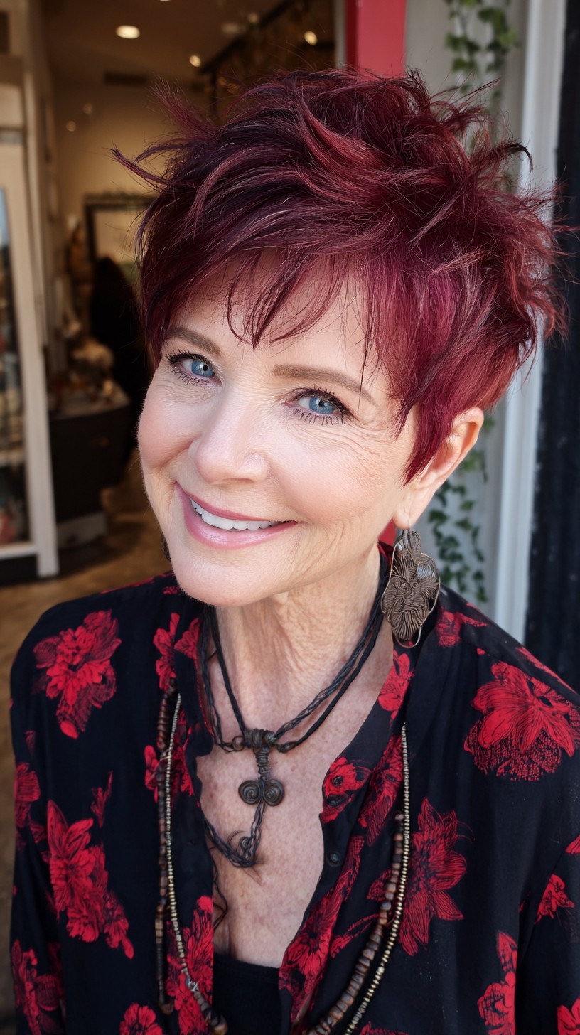 Razor-Cut Wine-Red Pixie with Choppy Micro-Fringe