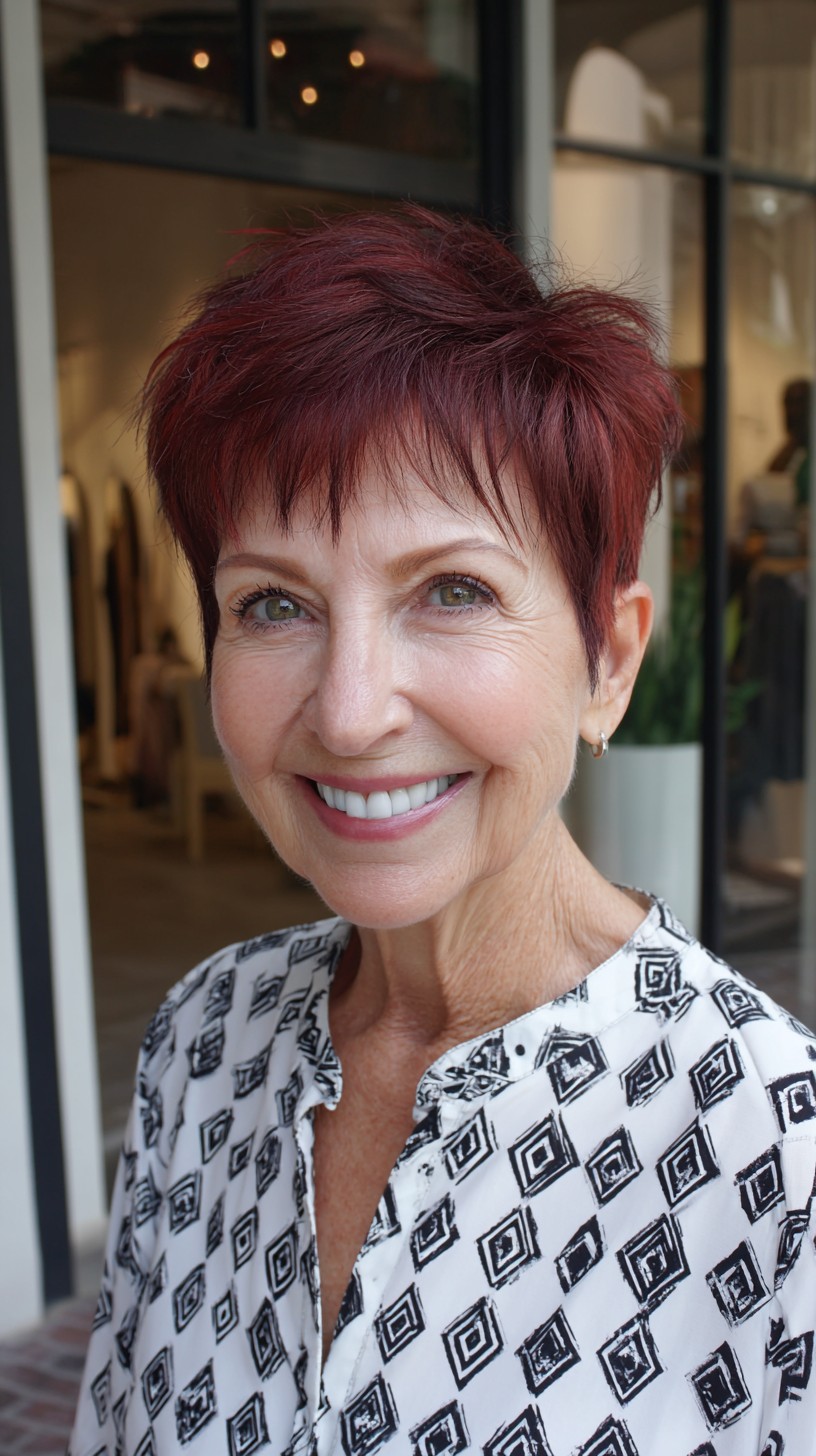 Rich Burgundy Short Pixie with Choppy Fringe and Crown Texture